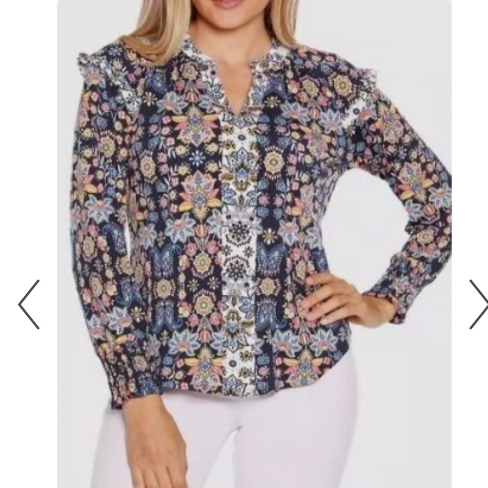 Belldini Womens Floral Ruffled Long Sleeve Split Neck Blouse